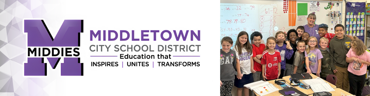 Middletown Schools Middies logo with photo of kids in classroom
